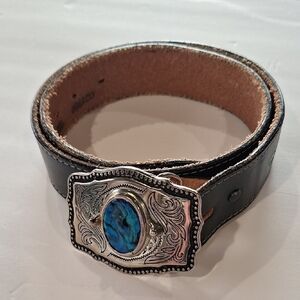 TexTan Black Genuine Cowhide Leather Belt with Silver Tone and Blue Buckle
